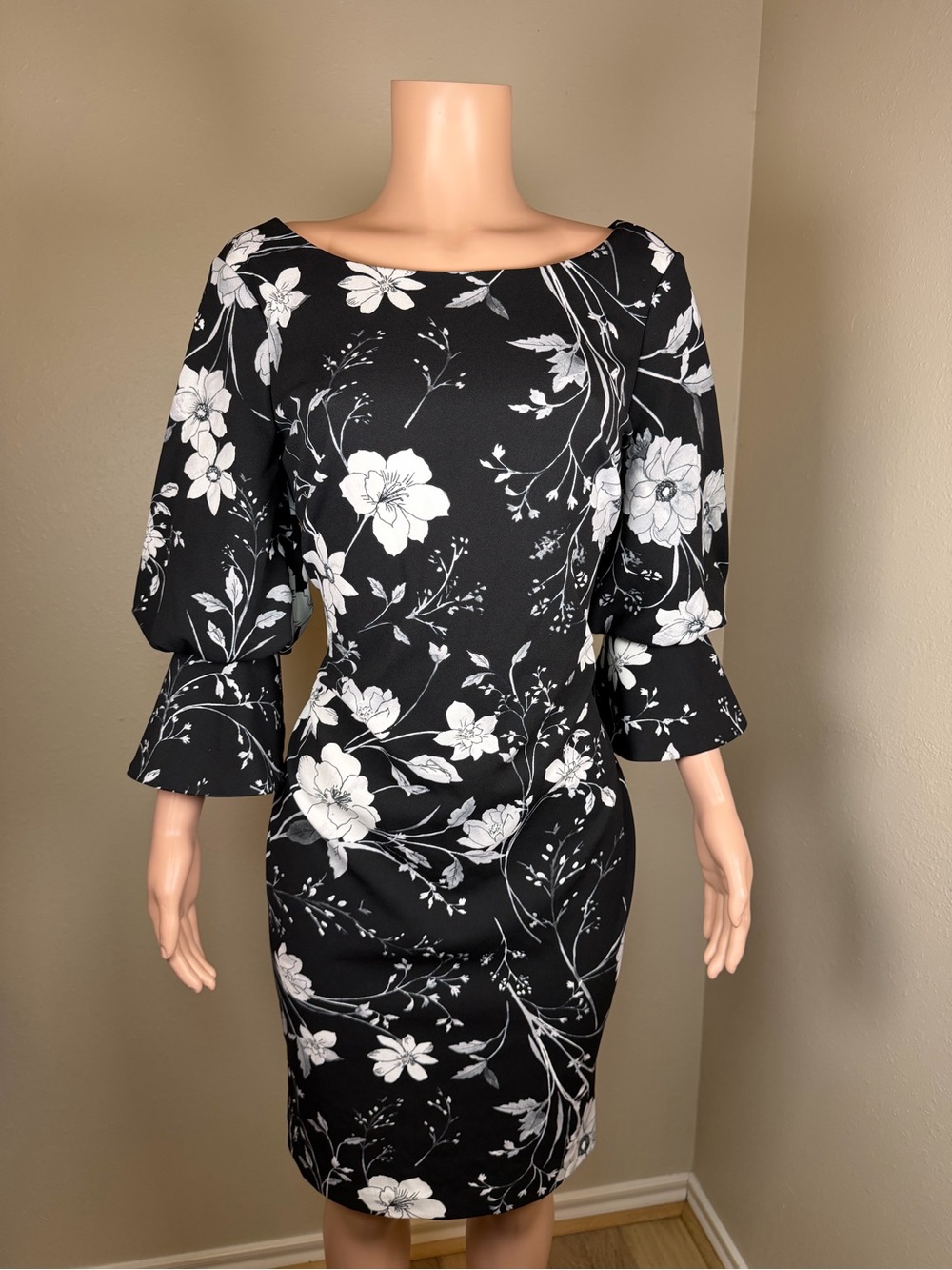 Calvin Klein Black & White Floral Midi Dress